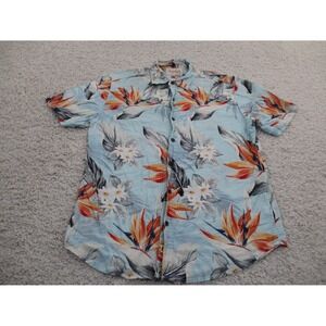 Margaritaville Shirt Mens Medium Blue Button Linen Floral Geometric Beach A2
